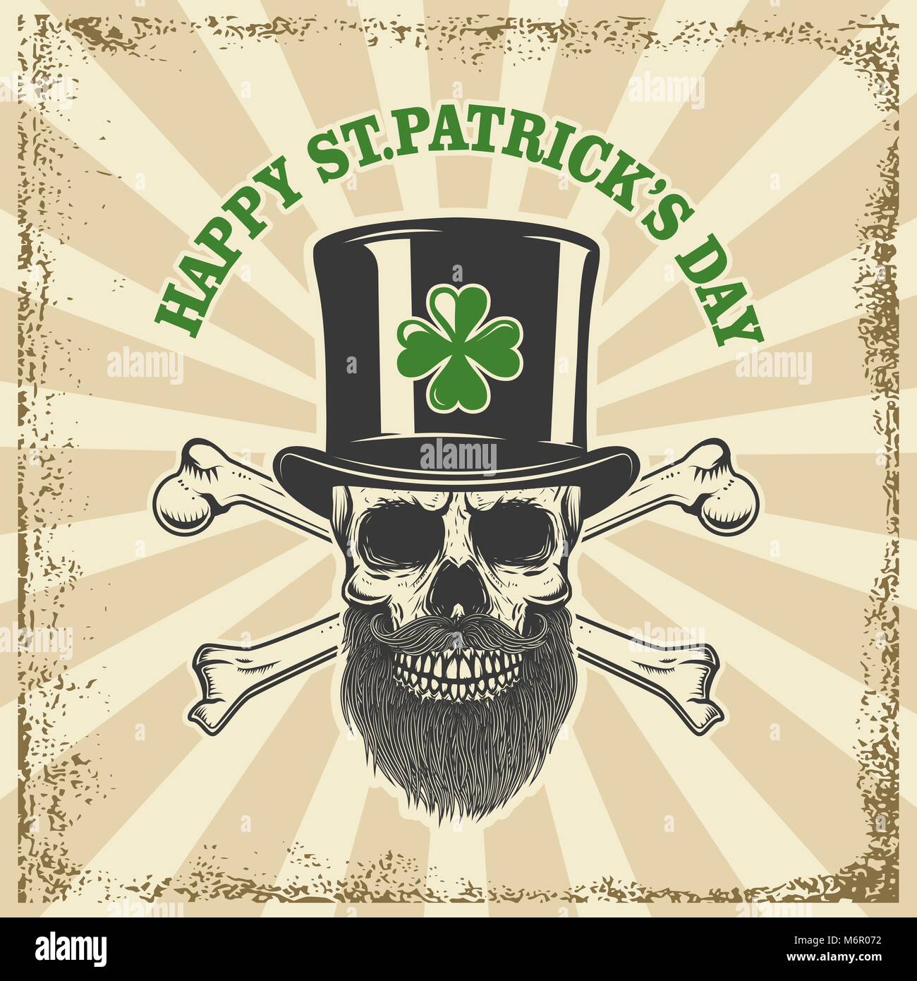 Happy saint patrick day. Irish Leprechaun skull with clover on grunge background. Design element for poster, t-shirt, emblem, sign. Vector illustratio Stock Vector