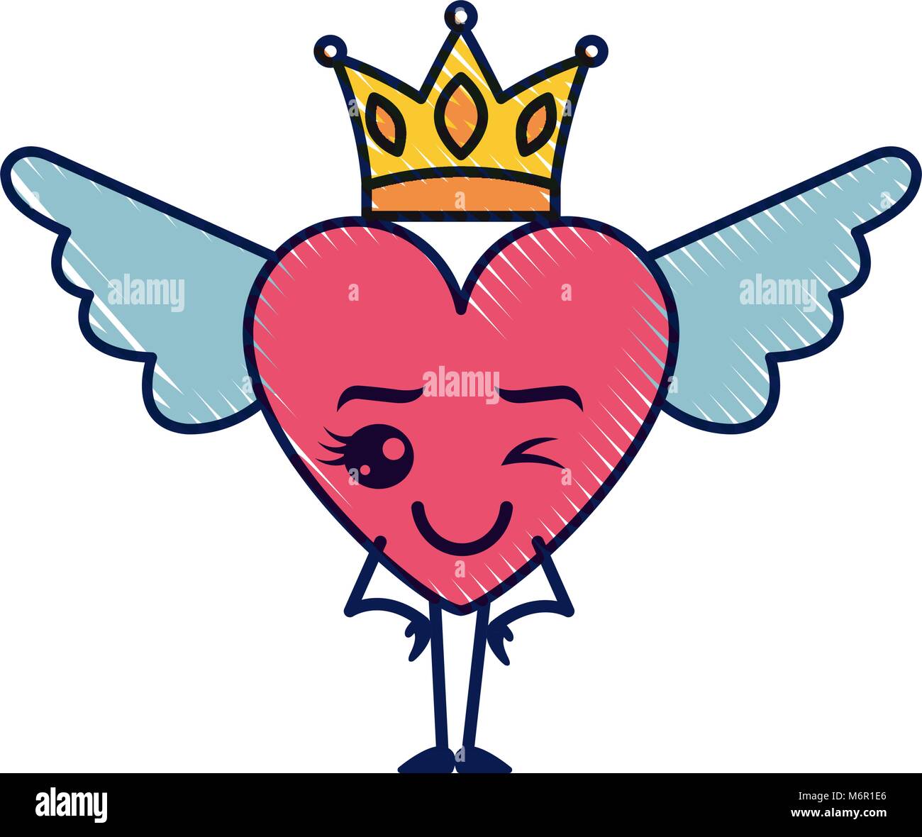 cartoon heart in love wink kawaii wings and crown vector illustration
