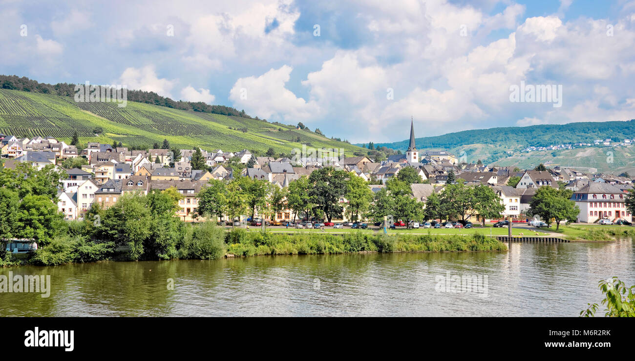 Panoramic landscape of the Mosel valley and river with a picturesque village, Germany Stock Photo
