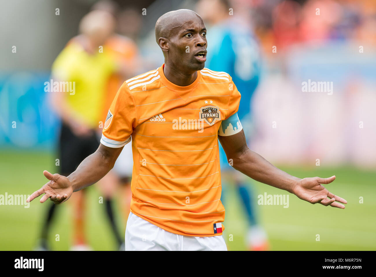 Houston, TX, USA. 3rd Mar, 2018. Houston Dynamo defender DaMarcus Beasley (7) shrugs while questioning a non-call by the referee during an MLS soccer match between the Houston Dynamo and Atlanta United FC at BBVA Compass Stadium in Houston, TX. The Dynamo won 4-0.Trask Smith/CSM/Alamy Live News Stock Photo