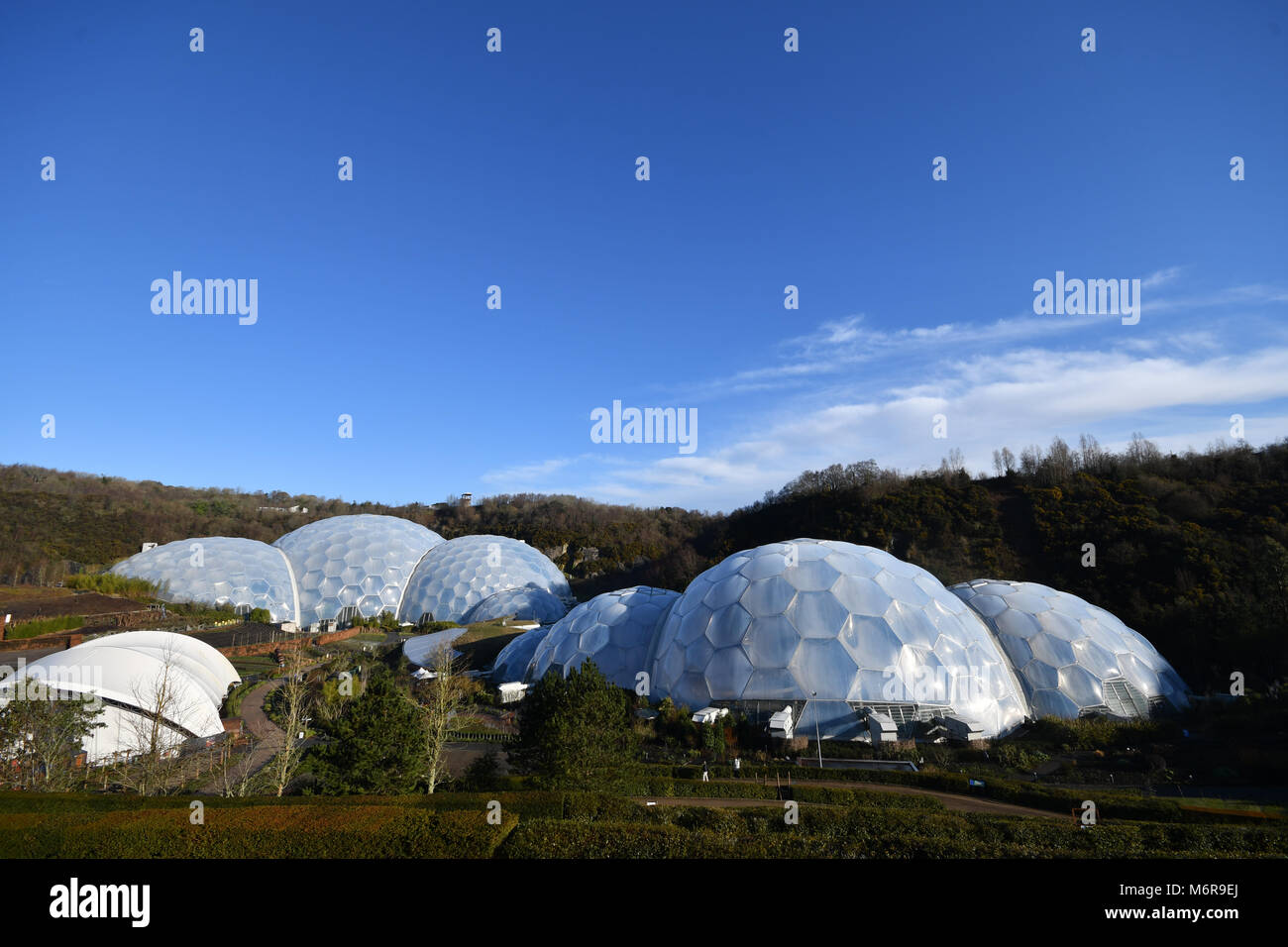 Eden Project, Cornwall, UK. 6th March 2018. UK Weather. After an overnight frost it was clear blue skies over the Eden project - ahead of todays Human Centered Space Conference, Credit: Simon Maycock/Alamy Live News Stock Photo