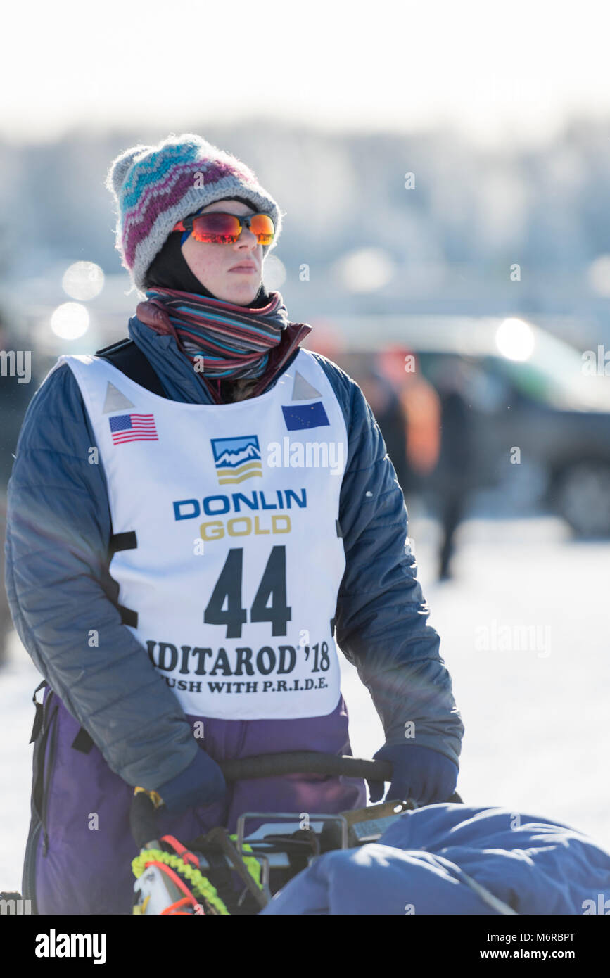 Willow, Alaska, USA. 4th Mar, 2018. Tara Cicatello of Buffalo, NY, USA as she approaches the start line of the Iditarod Sled Dog Race. Credit: Kristen Bentz/Alamy Live News Stock Photo