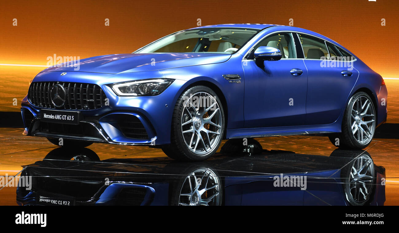 Geneva, Switzerland. 06 March 2018, The Mercedes-AMG GT 4-Door Coupe being  presented during the first press day of the Geneva Motor Show. The 88th  Geneva Motor Show starts on 08 March and