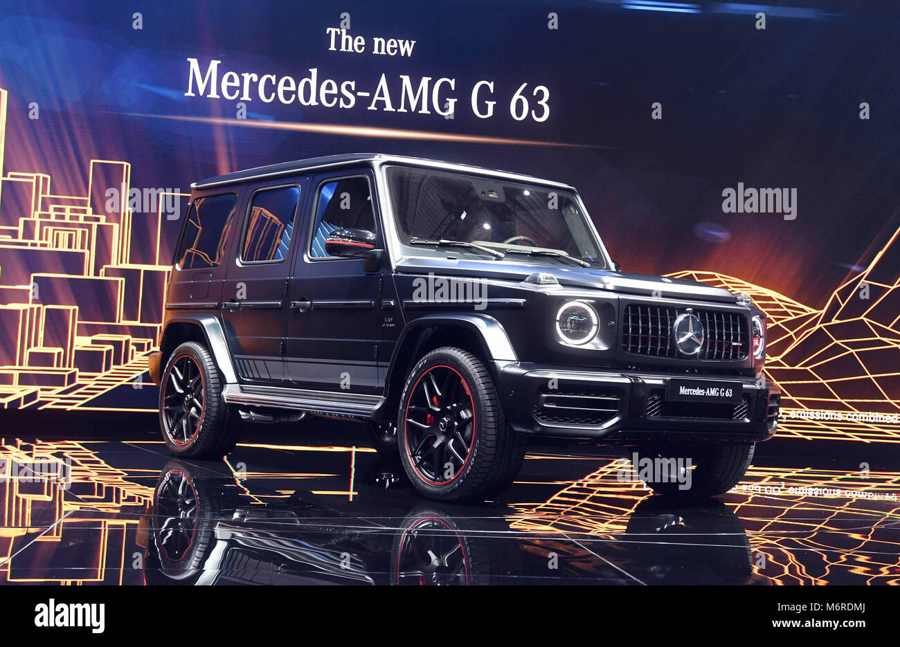 Geneva, Switzerland. 06 March 2018, The Mercedes-AMG G 63 being presented  during the first press day of the Geneva Motor Show. The 88th Geneva Motor  Show starts on 08 March and ends