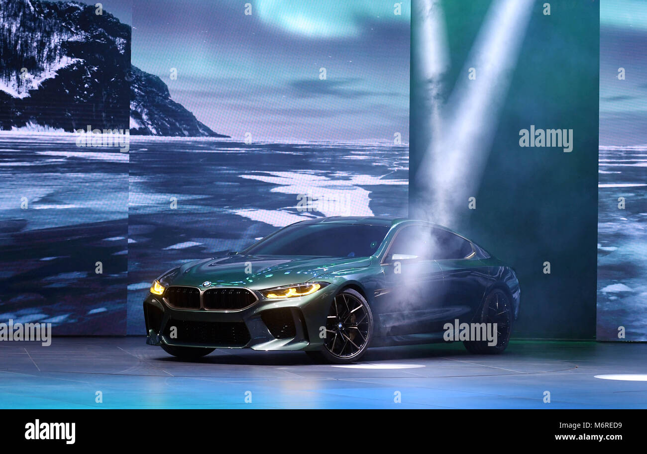 06 March 2018, Switzerland, Geneva: The BMW Concept M8 Gran Coupe is  presented on the first day of the Geneva Motor Show. The Concept gives an  outlook on the new BMW 8