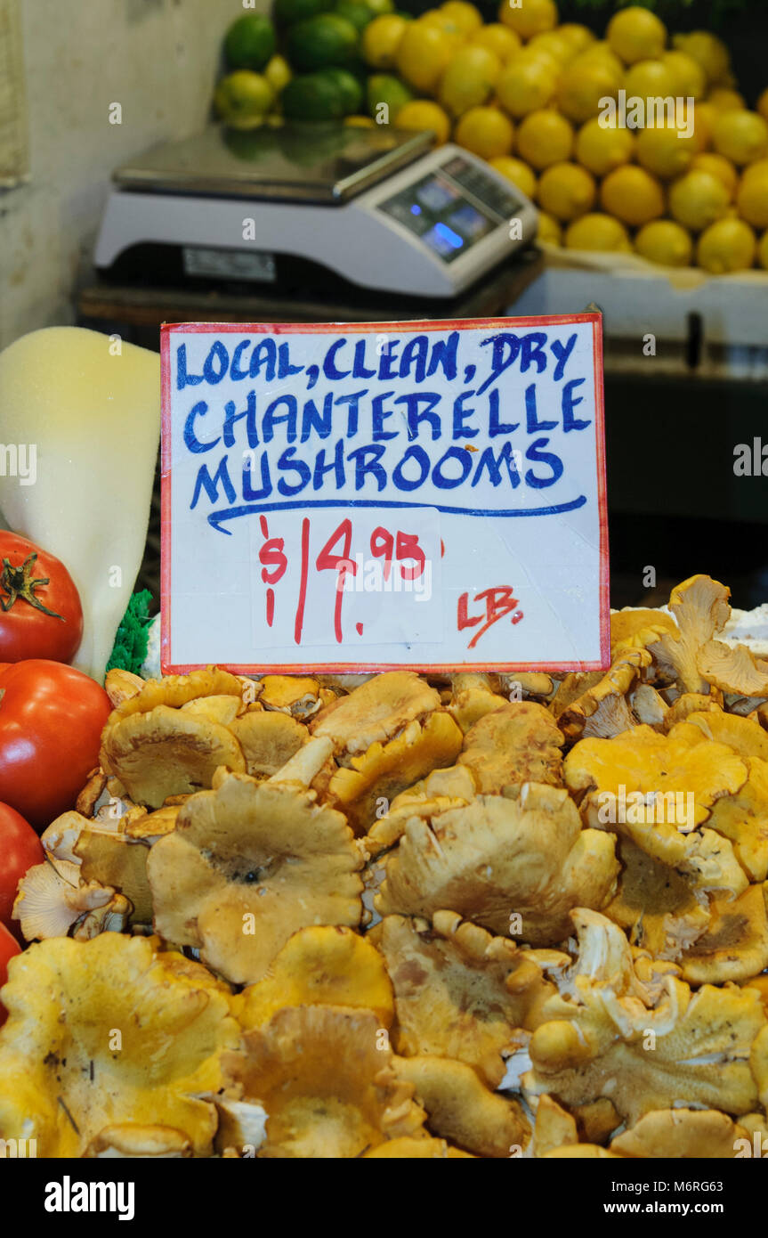 Seattle, Washington. Pike Place Market. Chanterelle mushrooms on