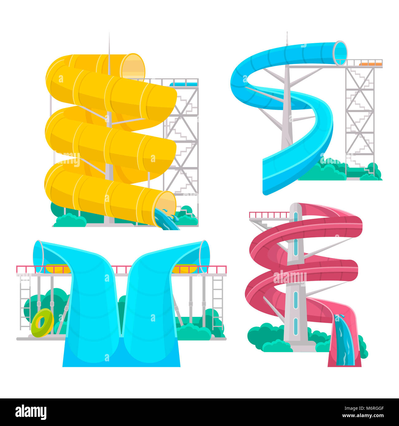 Colorful aquapark isolated set of various plastic water tubes and