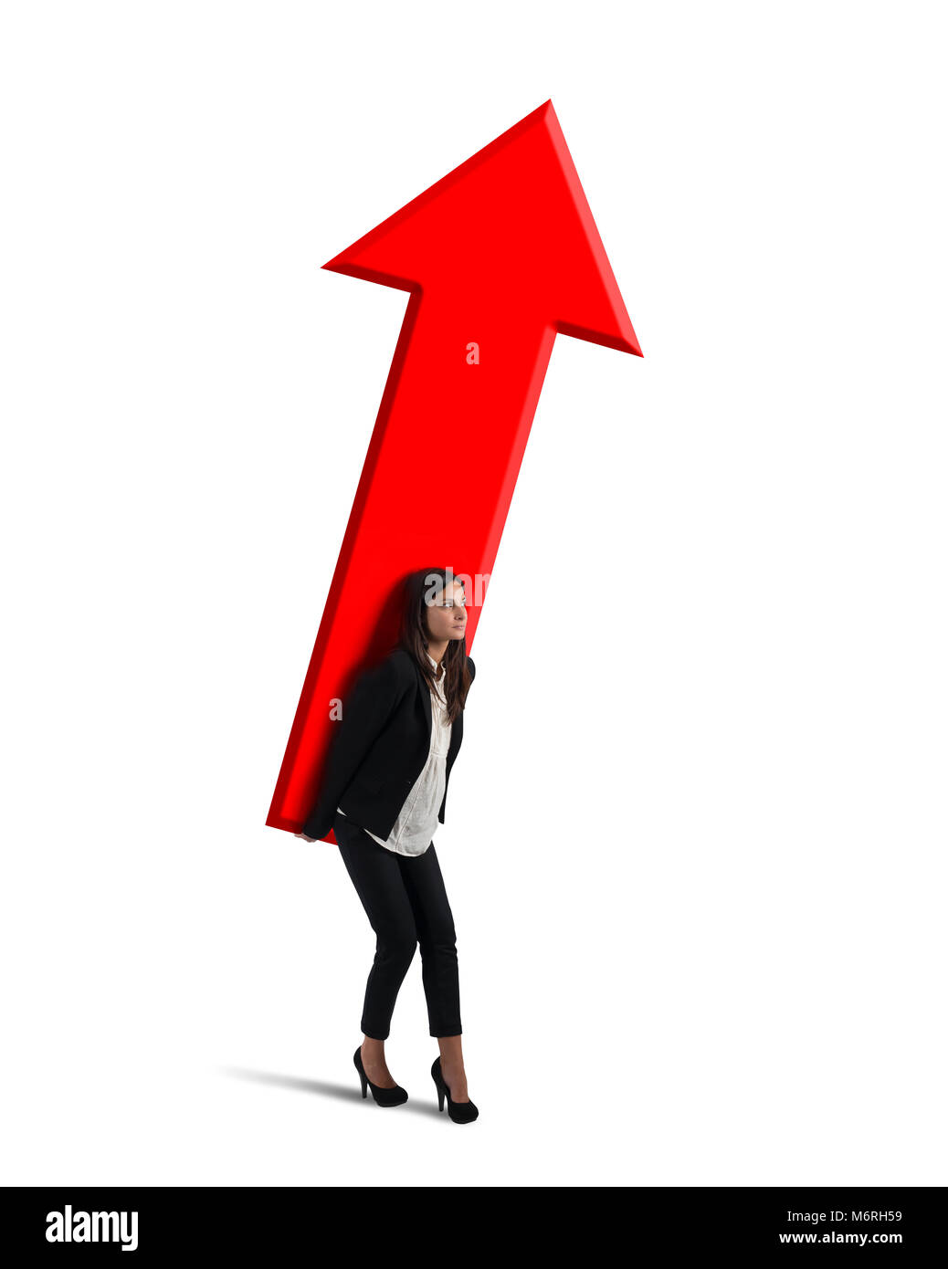 Businesswoman holds a big arrow. Concept of business growth and success Stock Photo