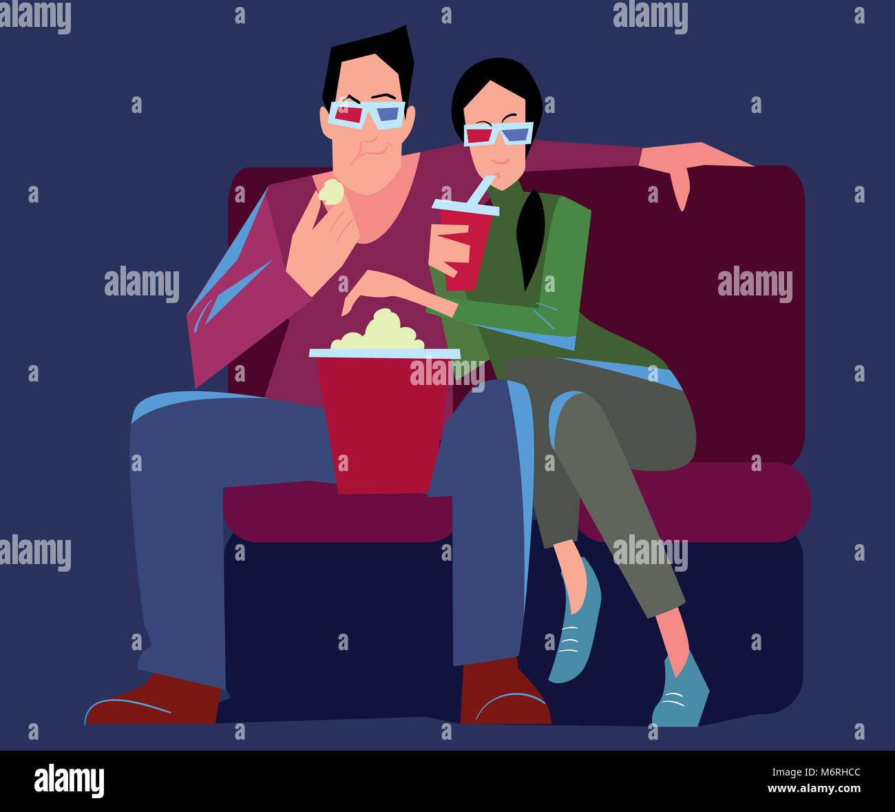 Couple Watching A Movie In The Cinema In 3D Glasses And Eating Popcorn