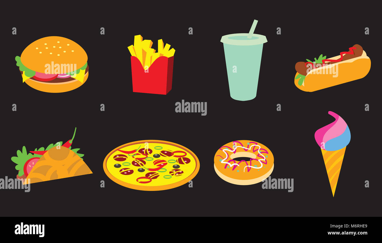 Simple icon set of fast food. Flat food icons Stock Photo - Alamy