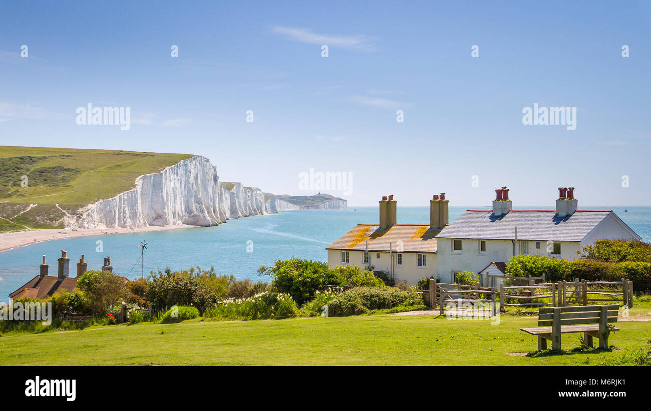 The Seven Sisters Chalk Cliffs And Coastguard Cottages Near Stock