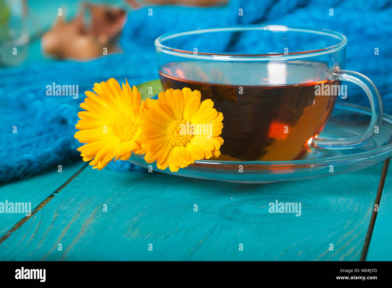 Cup of calendula tea. Stock Photo