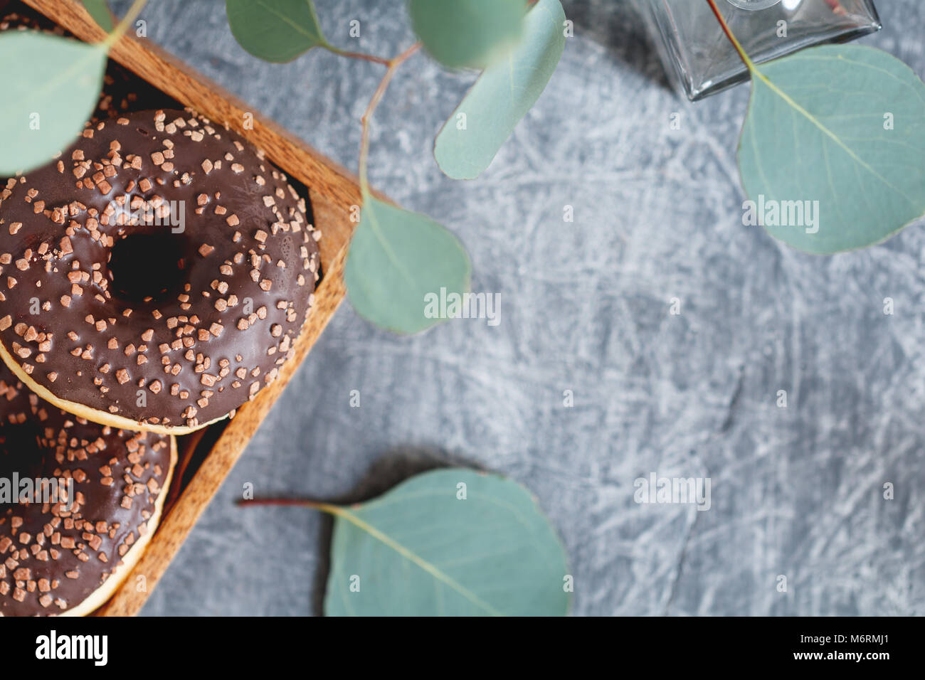 Top view of chocolate donuts in a wooden box and an eucalyptus plant in