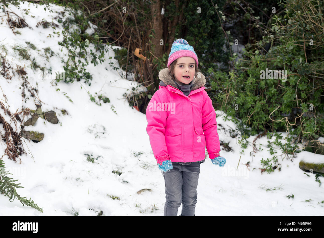 Cute little girl standing in the snow wearing pink jacket and blue ...
