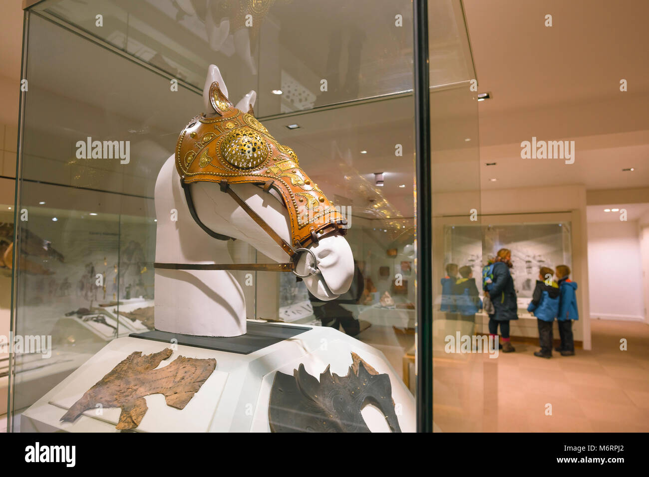 Vindolanda Museum UK family, view of a display case containing both a Roman original and a reconstructed horse's war mask (chamfron), England. Stock Photo