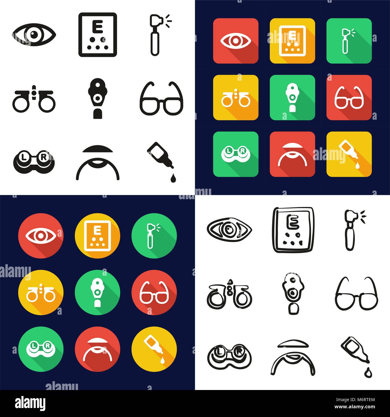 Optometry All in One Icons Black & White Color Flat Design Freehand Set ...