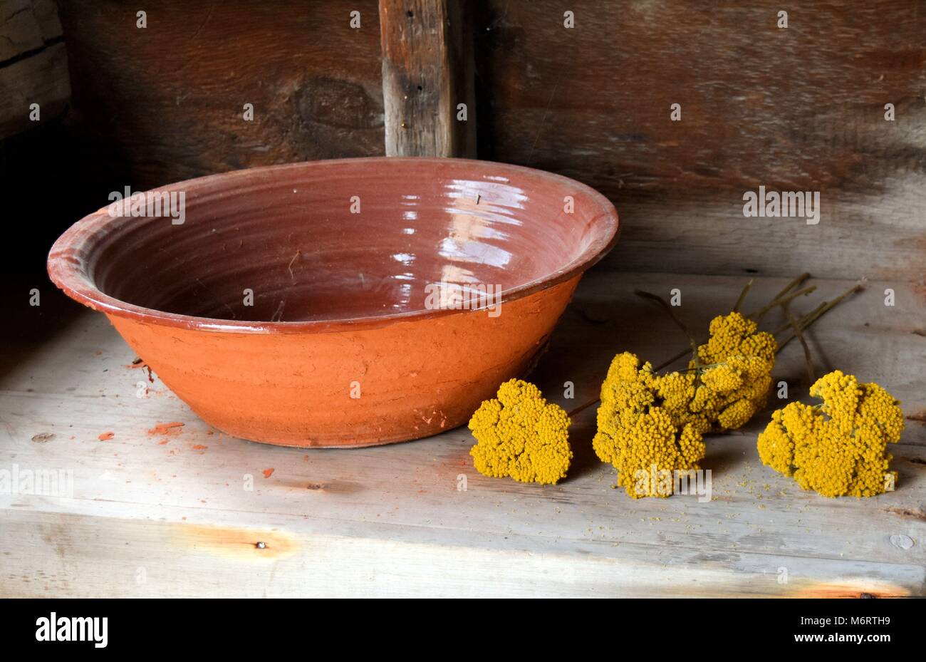 : A still life of a bowl and flowers, as displayed in Upper Canada Village. Stock Photo