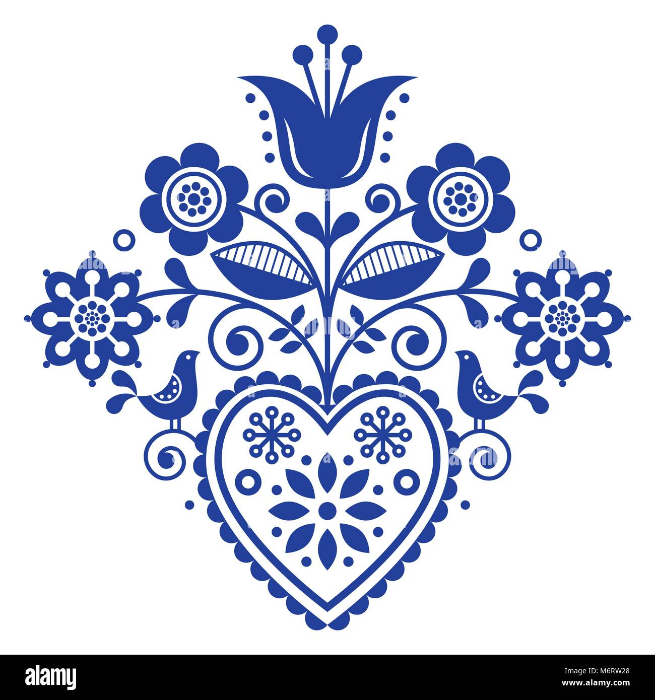 Scandinavian retro folk art floral, vector design in navy blue, Nordic