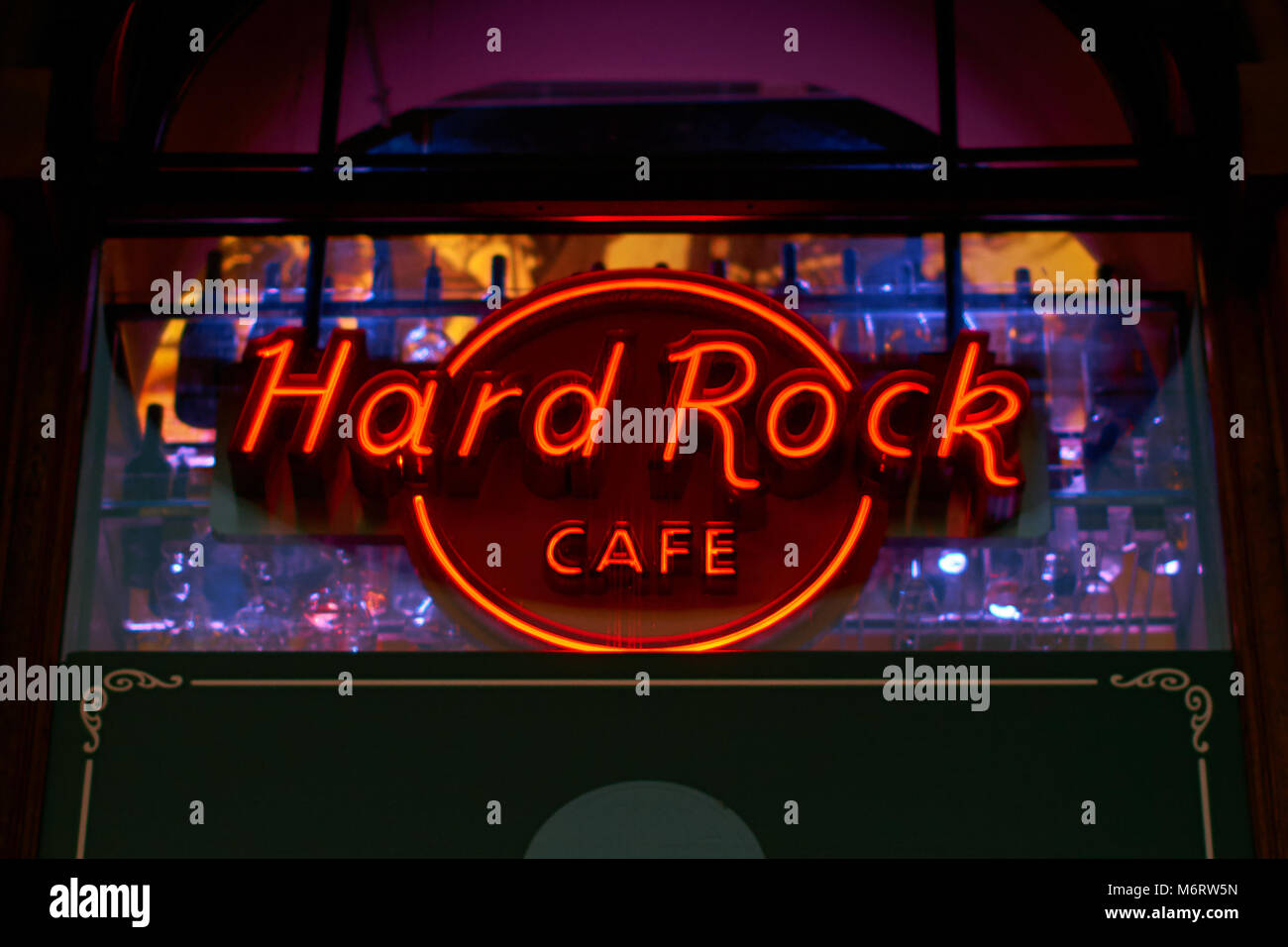 Neon light of the logo of Hard Rock cafe at night. Stock Photo