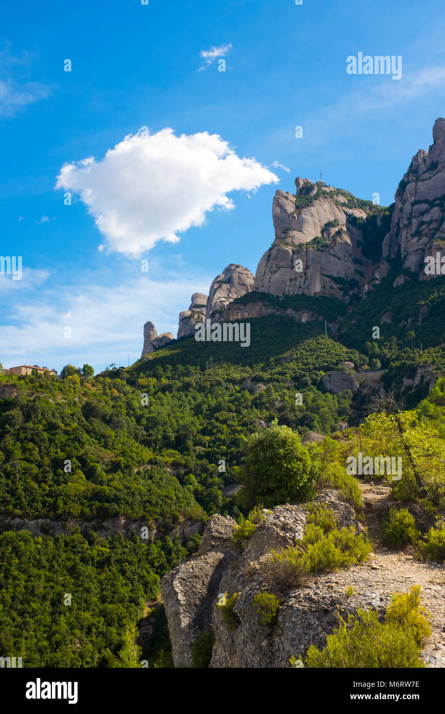 The saw-toothed mountain of Montserrat, near Barcelona, Catalonia, the first national park established in Spain. Stock Photo