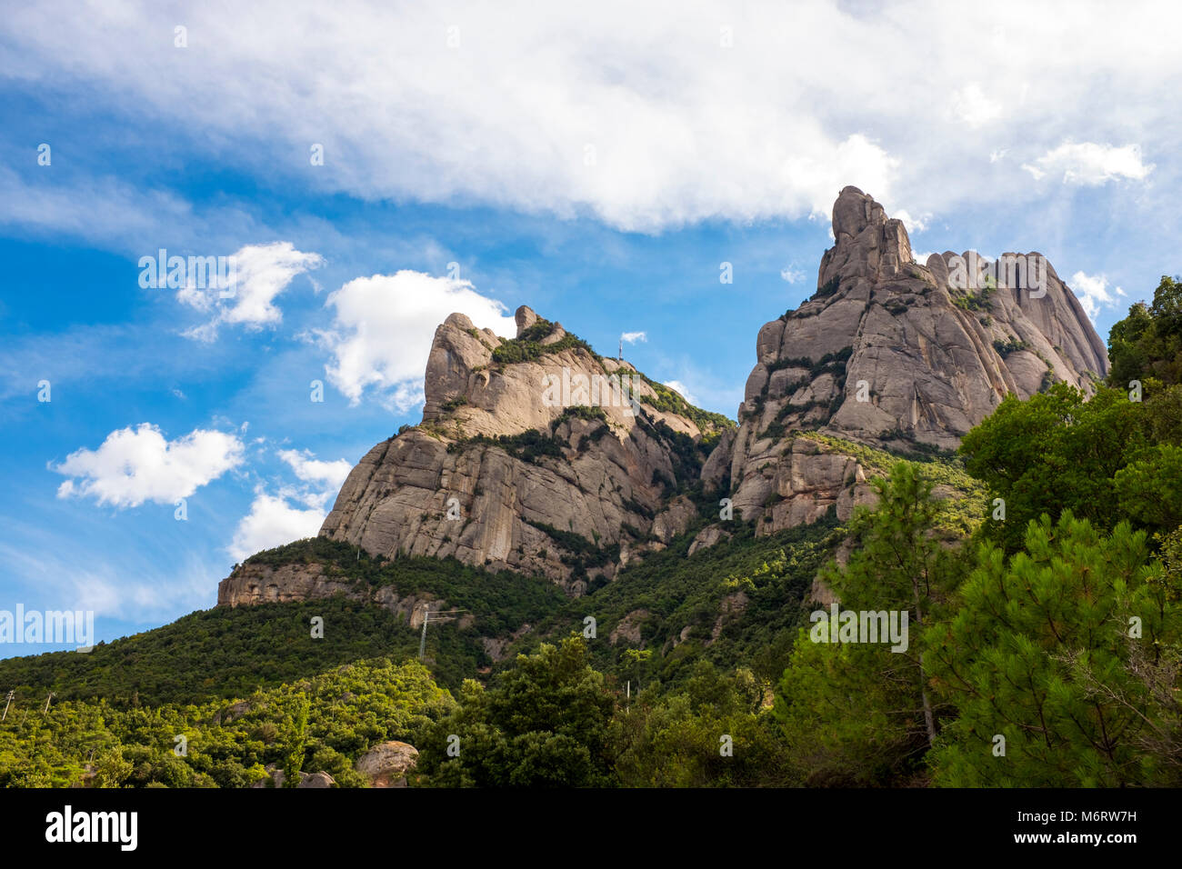 The saw-toothed mountain of Montserrat, near Barcelona, Catalonia, the first national park established in Spain. Stock Photo