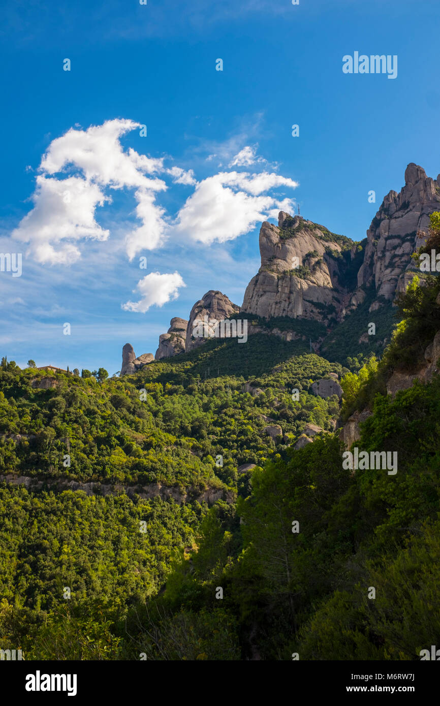 The saw-toothed mountain of Montserrat, near Barcelona, Catalonia, the first national park established in Spain. Stock Photo