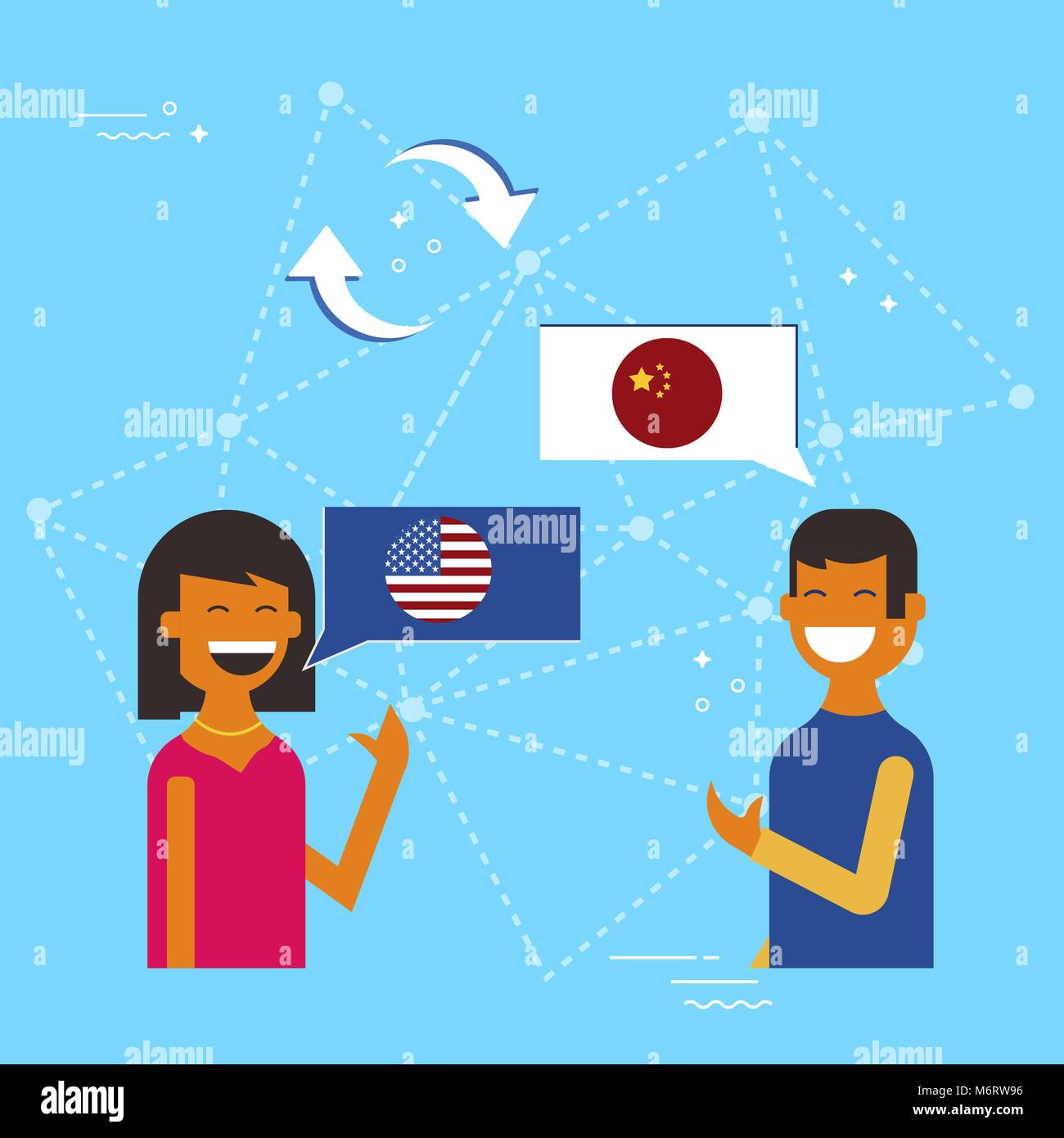 Friends from China and USA translating online conversation. International communications translation concept illustration. EPS10 vector. Stock Vector