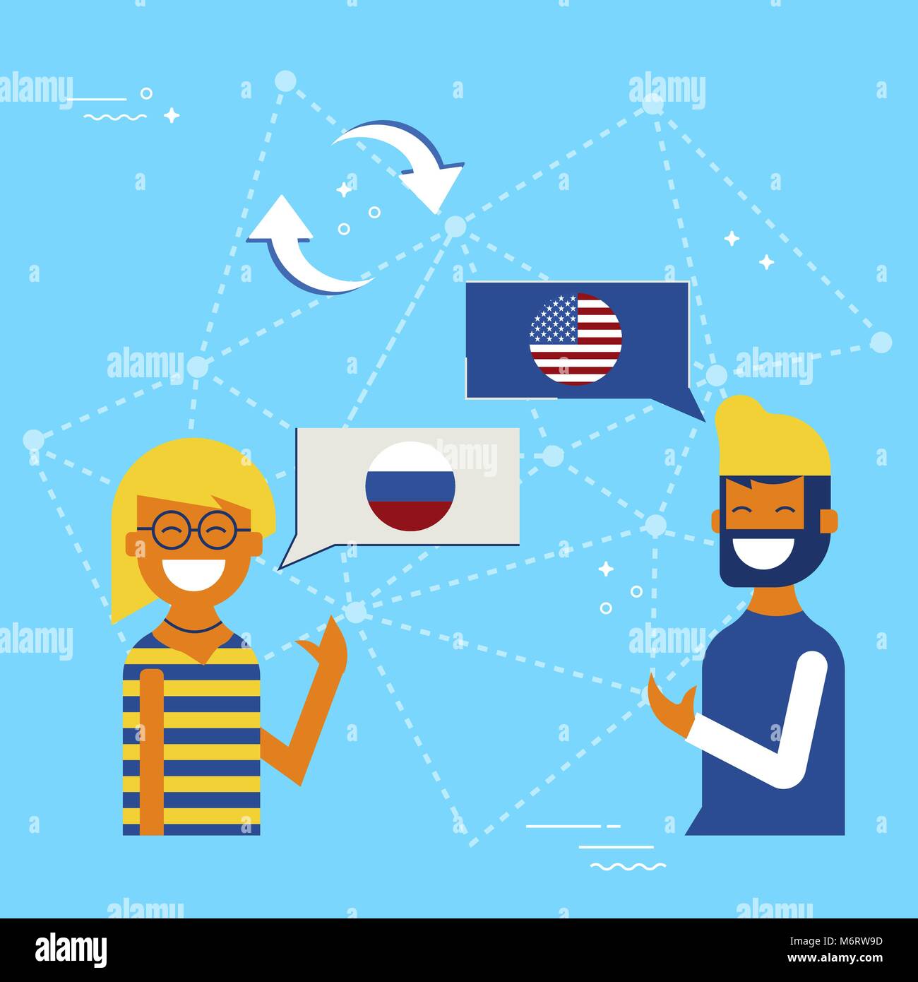 Friends from Russia and USA translating online conversation. International communications translation concept illustration. EPS10 vector. Stock Vector