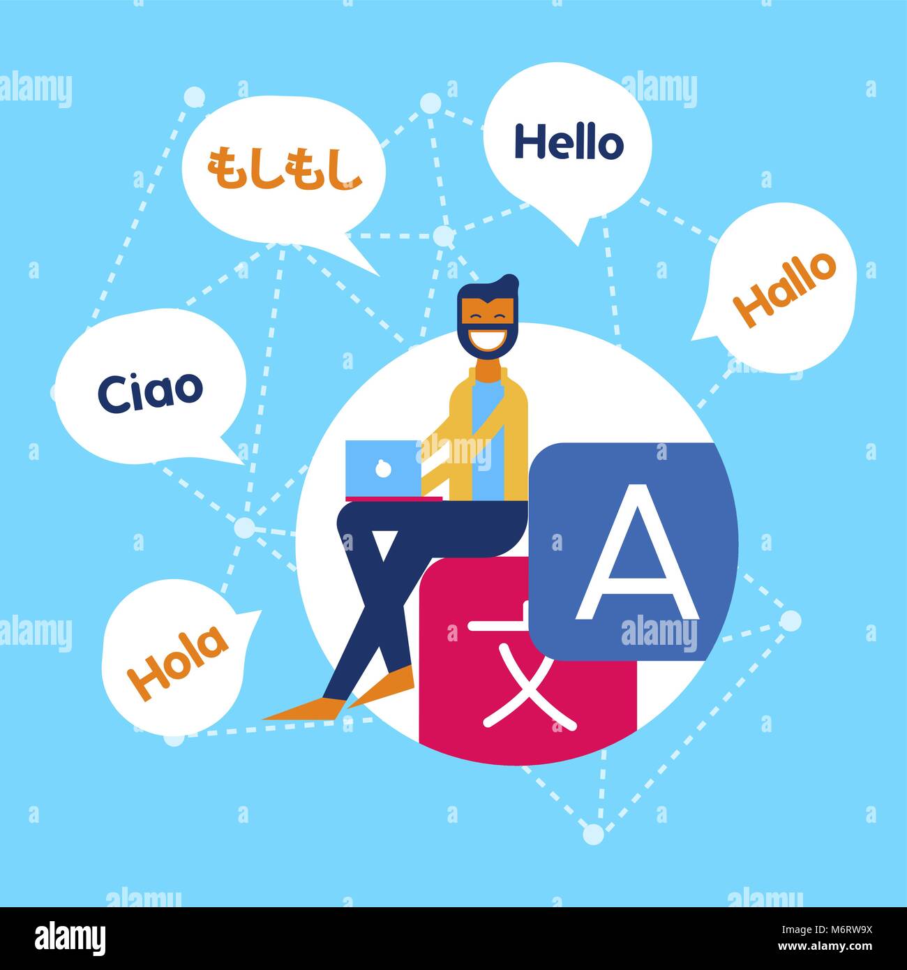 Translation service online concept illustration. Man on computer using ...