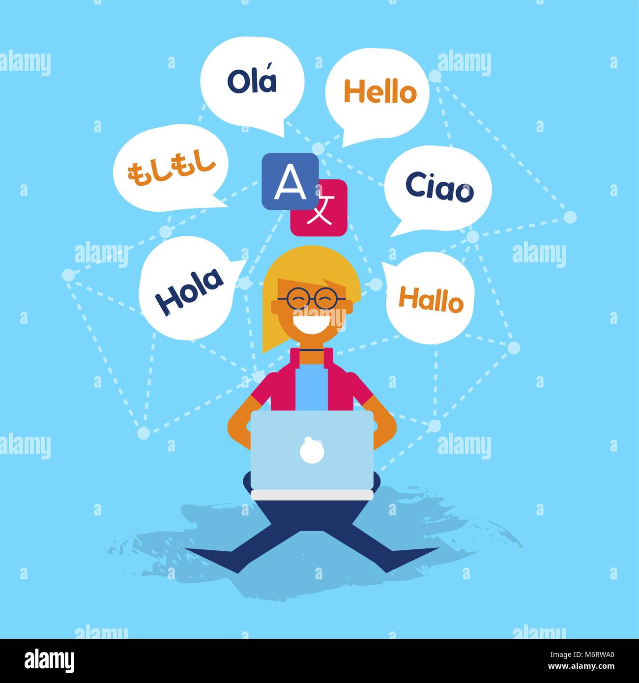 Multi language translator concept illustration. Girl on computer talking different languages using translation app. EPS10 vector. Stock Vector