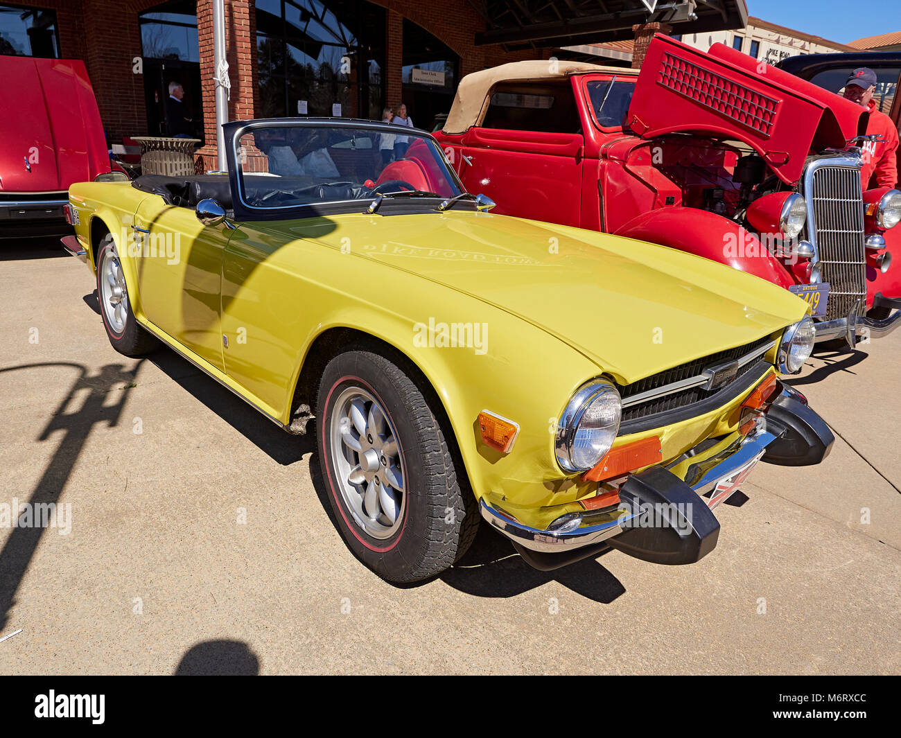 1975 Triumph TR6 convertible sports car on display at a vintage British classic car club show in Pike Road, Alabama, USA. Stock Photo