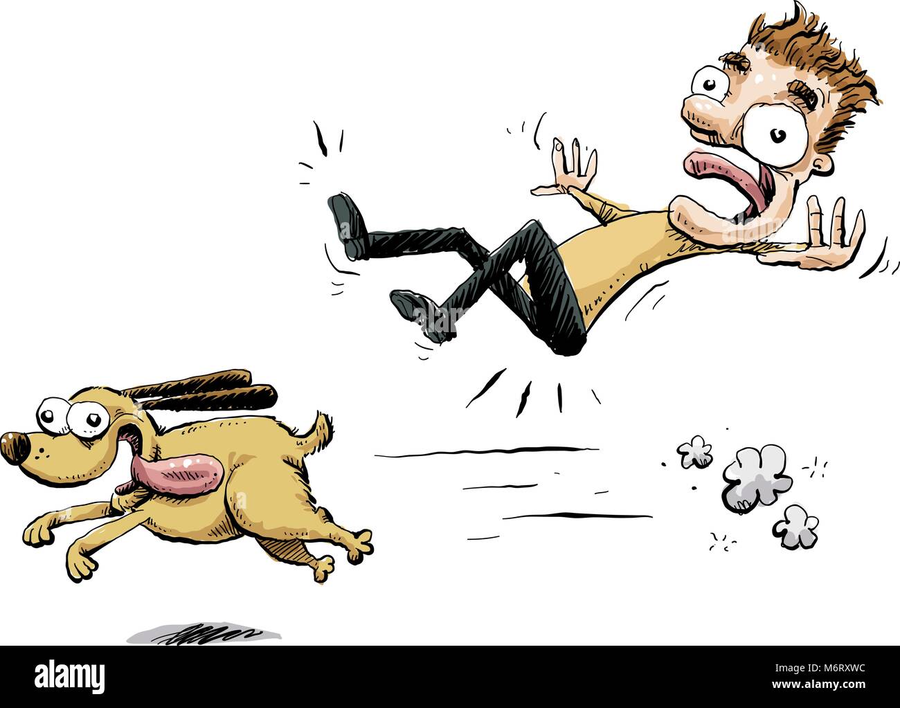 A happy, cartoon dog dashes forward, knocking over a standing man. Stock Vector