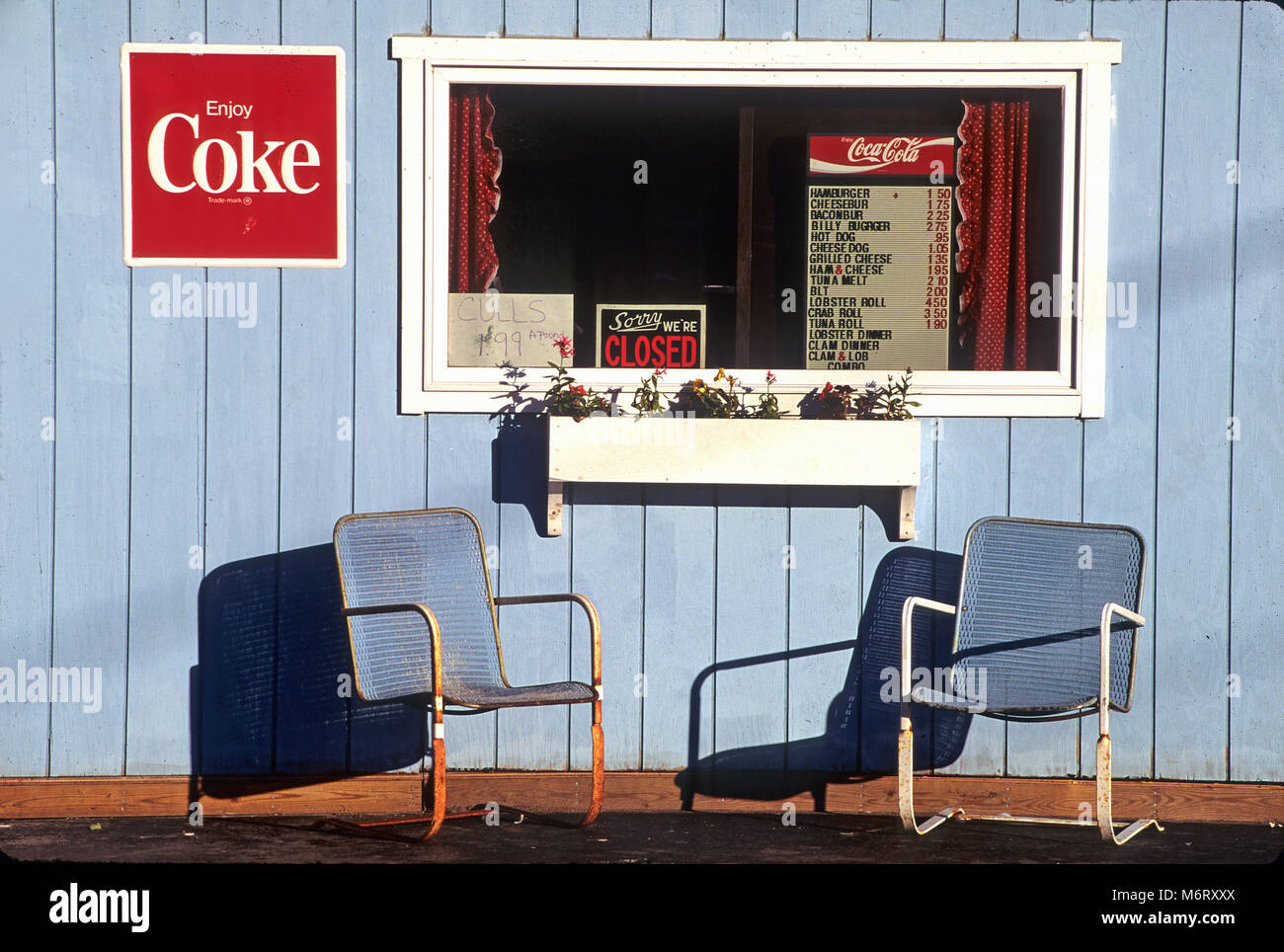 A snack shack along the coast of maine with prices of the past. Stock Photo
