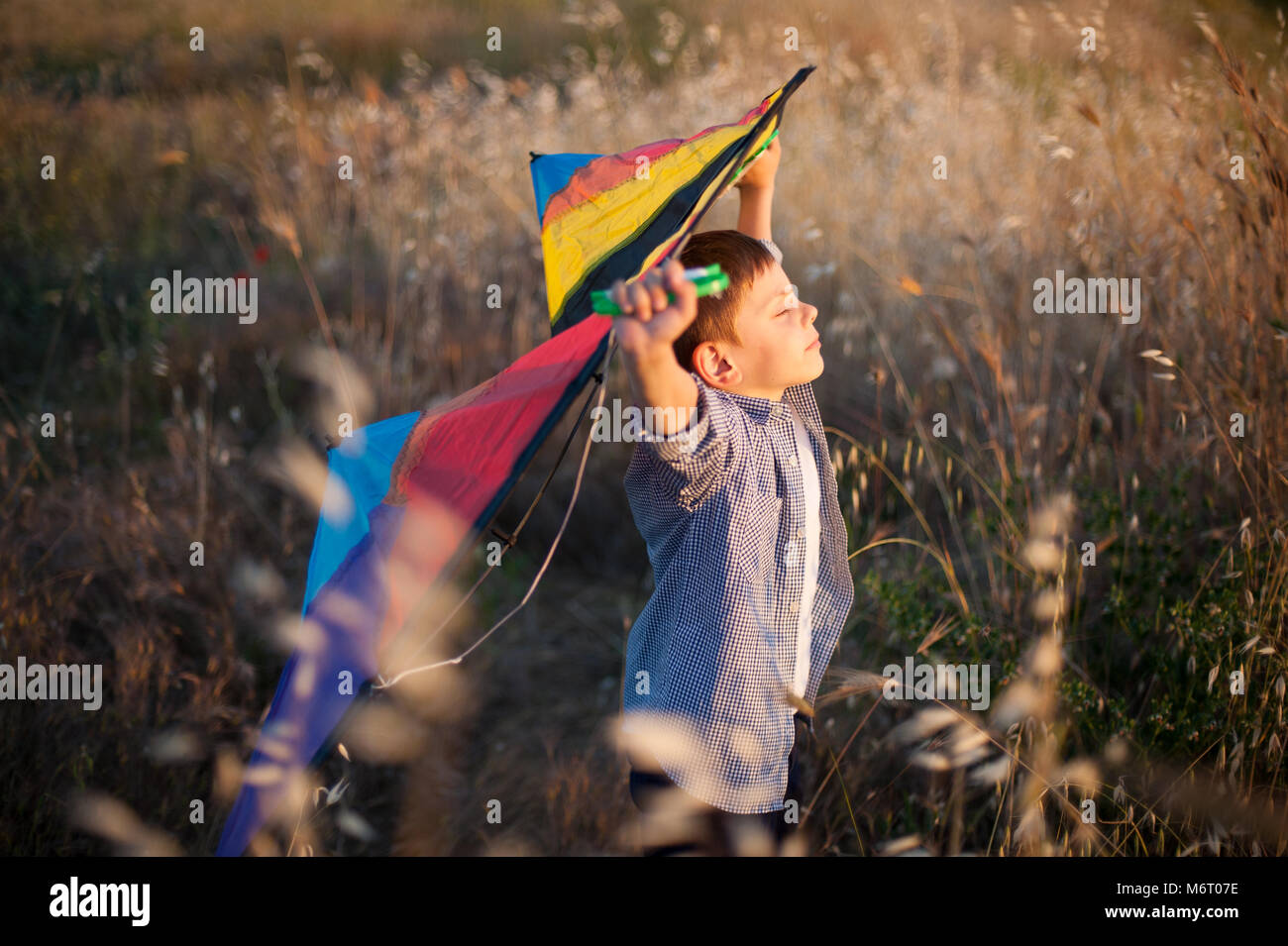 dreamy little boy with his eyes closed keeps colorful kite above his head in the field Stock Photo