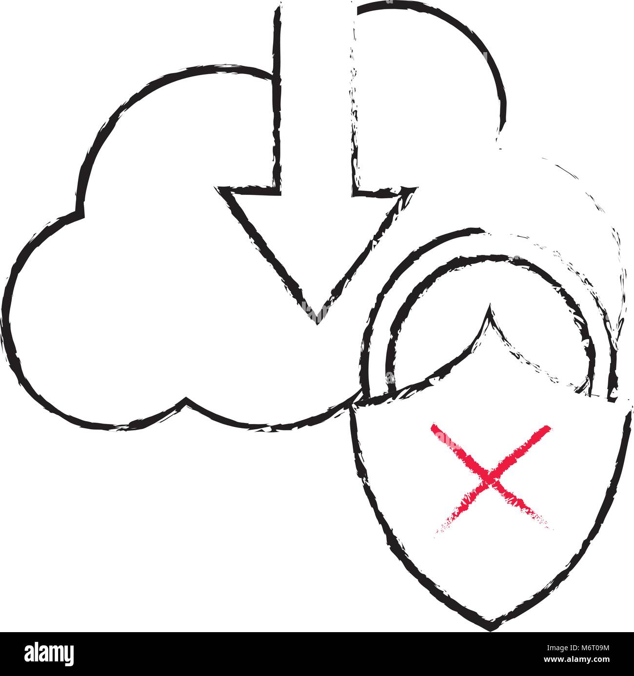 grunge cloud data downloading and padlock bad security vector ...