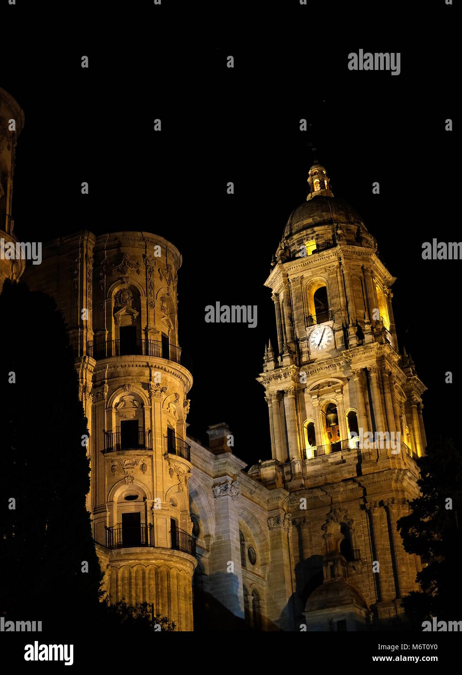 Malaga Cathedral by night, Malaga, Spain Stock Photo