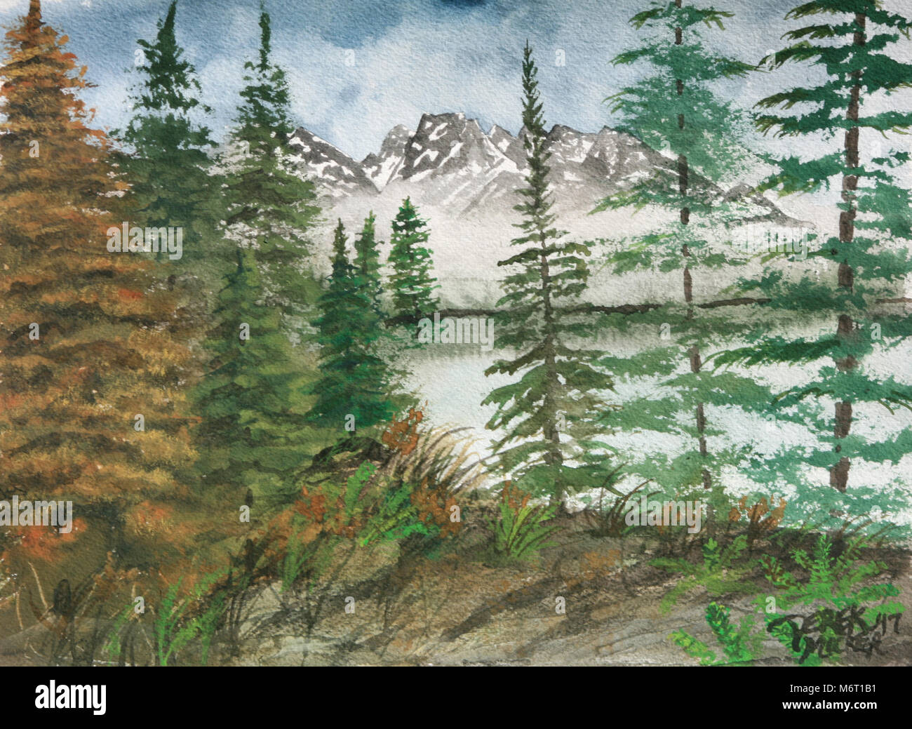 watercolor landscape painting Jackson Hole mountains Stock Photo