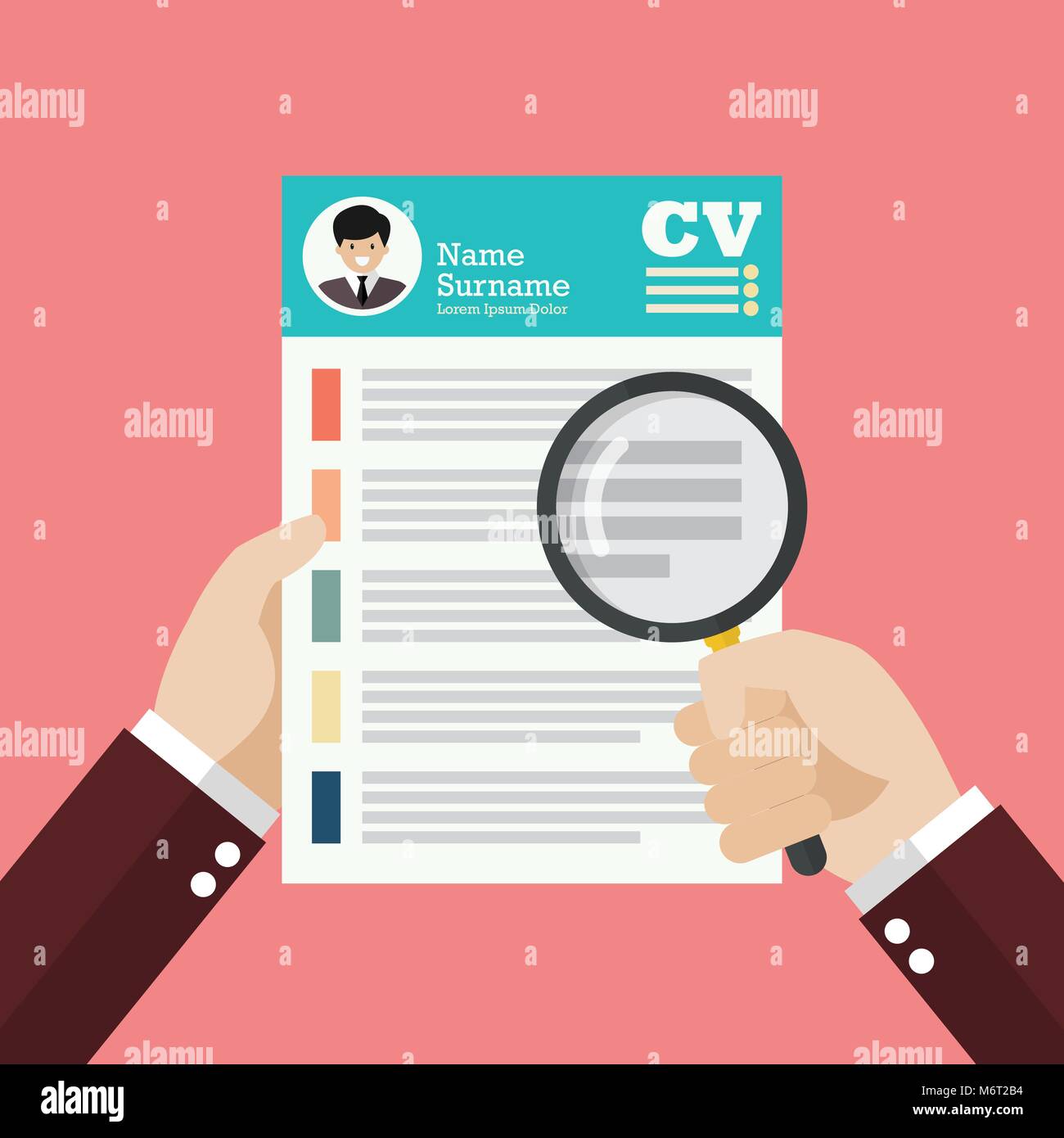 Hand holding magnifying glass over Curriculum Vitae. Flat style vector