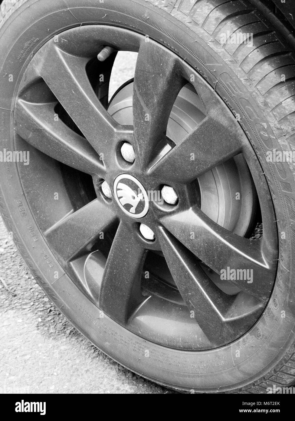 Skoda alloy wheel on four wheel drive vehicle, Czech automobile manufacturer founded in 1895 as Laurin & Klement Stock Photo