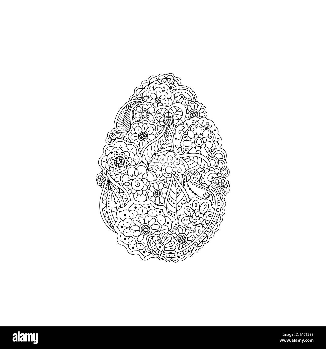 Vector illustration of Easter egg from floral doodle element - line art flower; paisley; leaf. Holiday Easter coloring page book anti stress Stock Vector