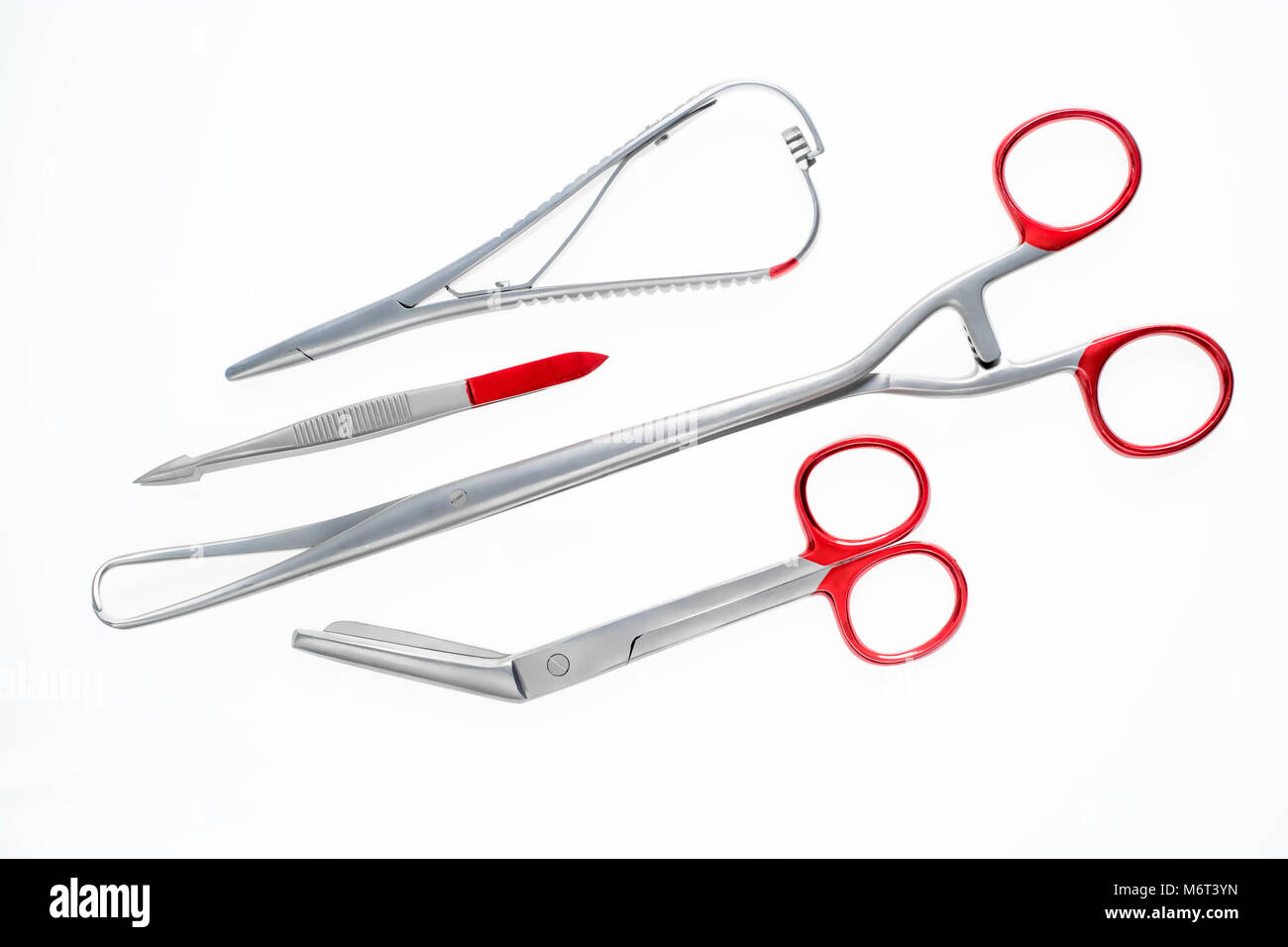 Diverse medical and surgery instruments isolated in white Stock Photo