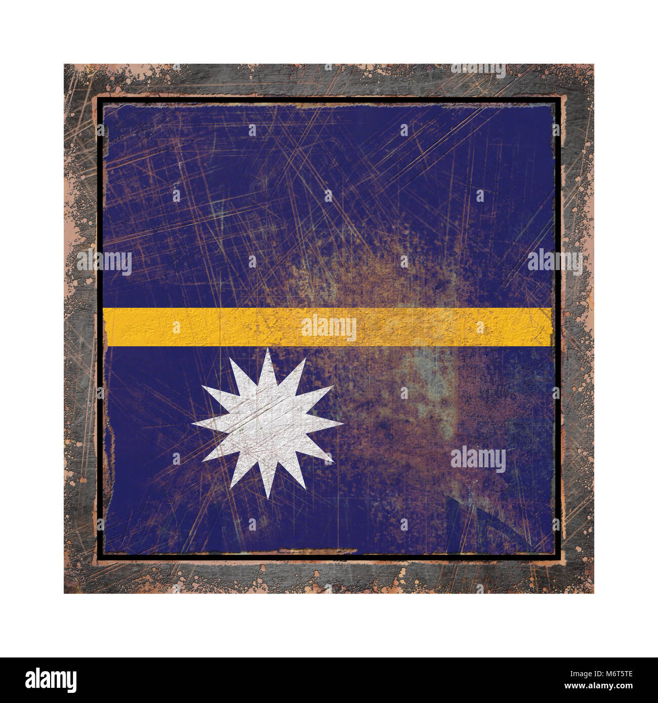 3d rendering of a Nauru flag over a rusty metallic plate in an old ...