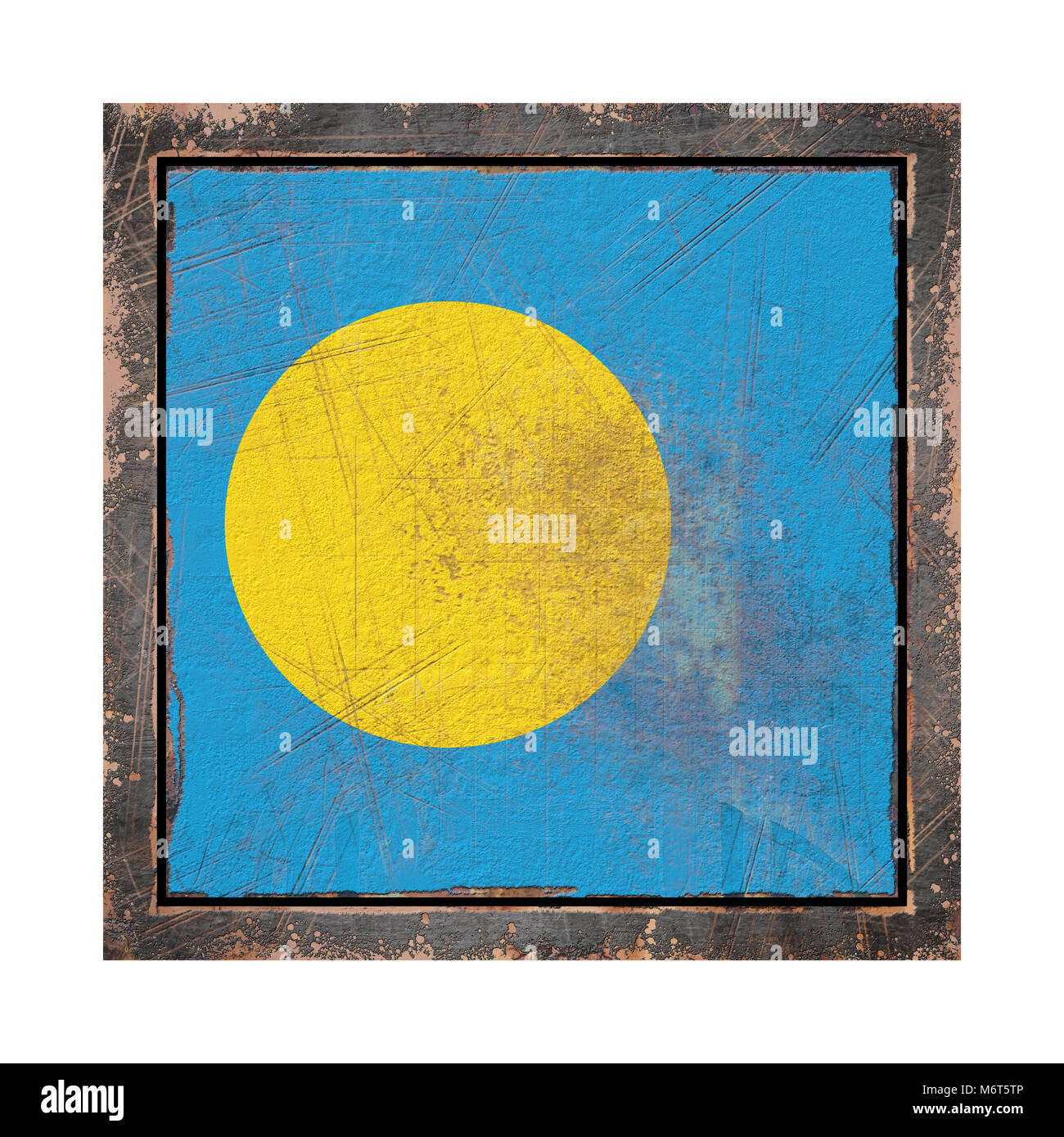 3d rendering of a Palau flag over a rusty metallic plate in an old ...