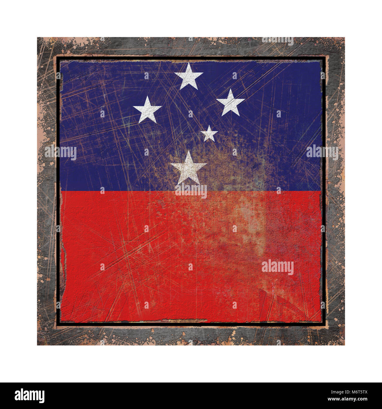3d rendering of a Samoa flag over a rusty metallic plate in an old ...
