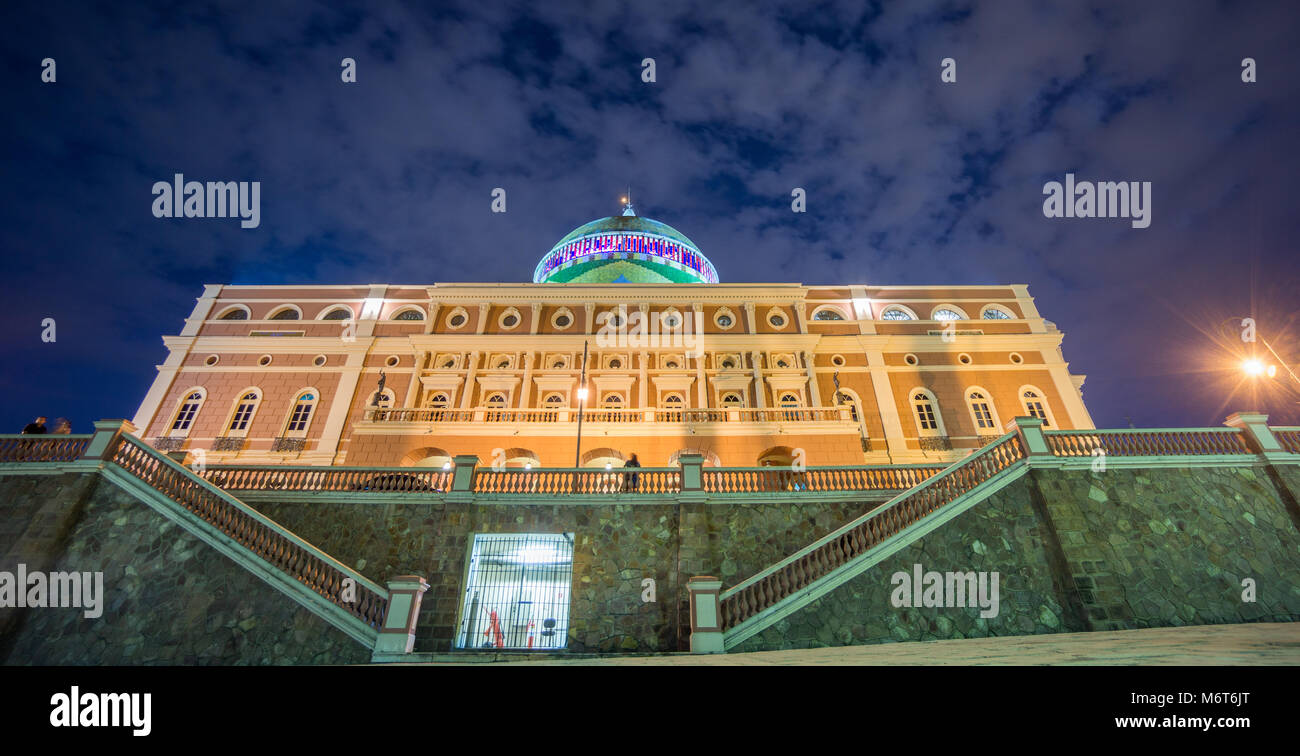 MANAUS - AUG 9: Amazonas Theatre by night on August 9, 2014 in Manaus, Brazil. The opera house was built when fortunes were made in the rubber boom. Stock Photo