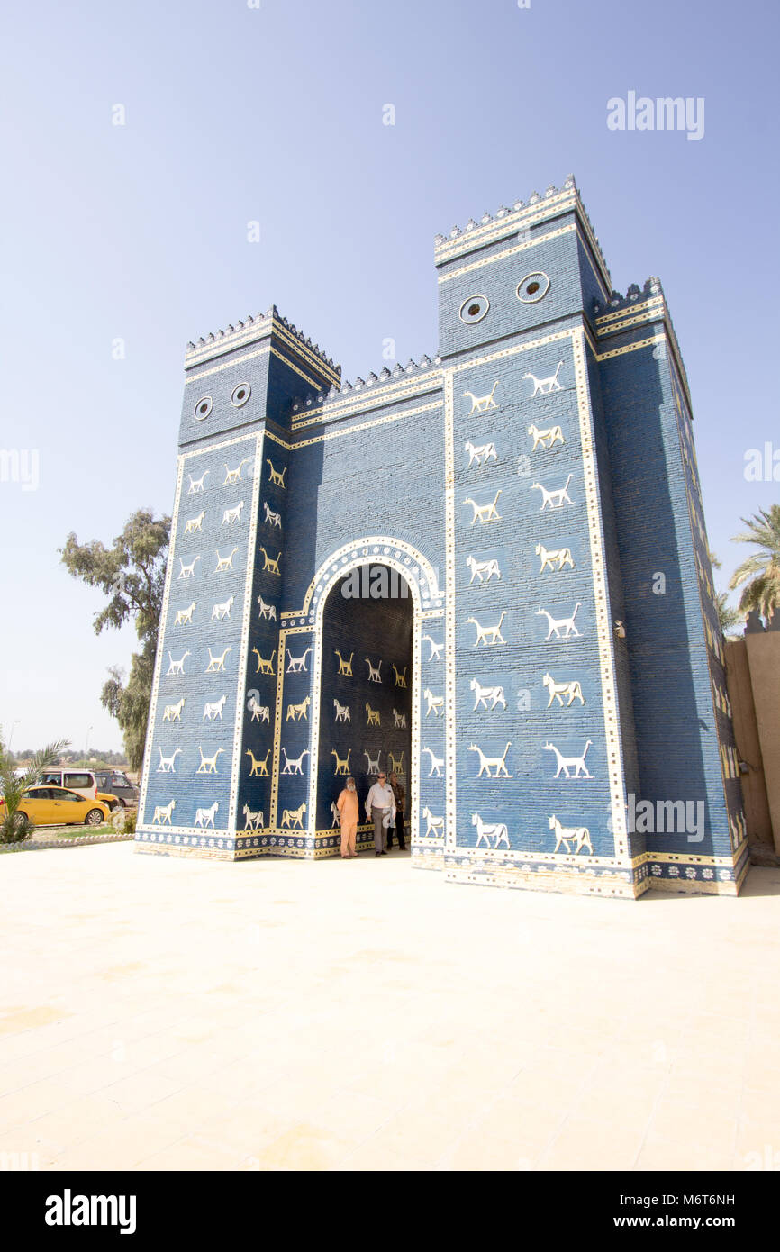 Picture of the Ishtar Gate, which is located in the city of Babylon archaeological, It is a blue patterned animals. Stock Photo