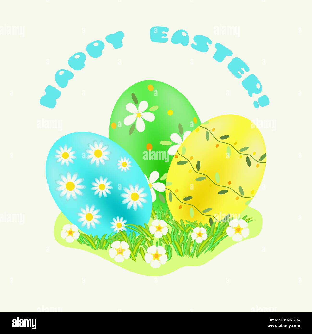 Happy Easter greeting with turquoise; green; yellow painted eggs in the green grass Stock Vector