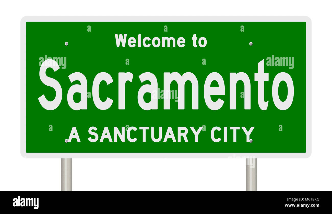 Rendering of a green highway sign for sanctuary city Sacramento California Stock Photo