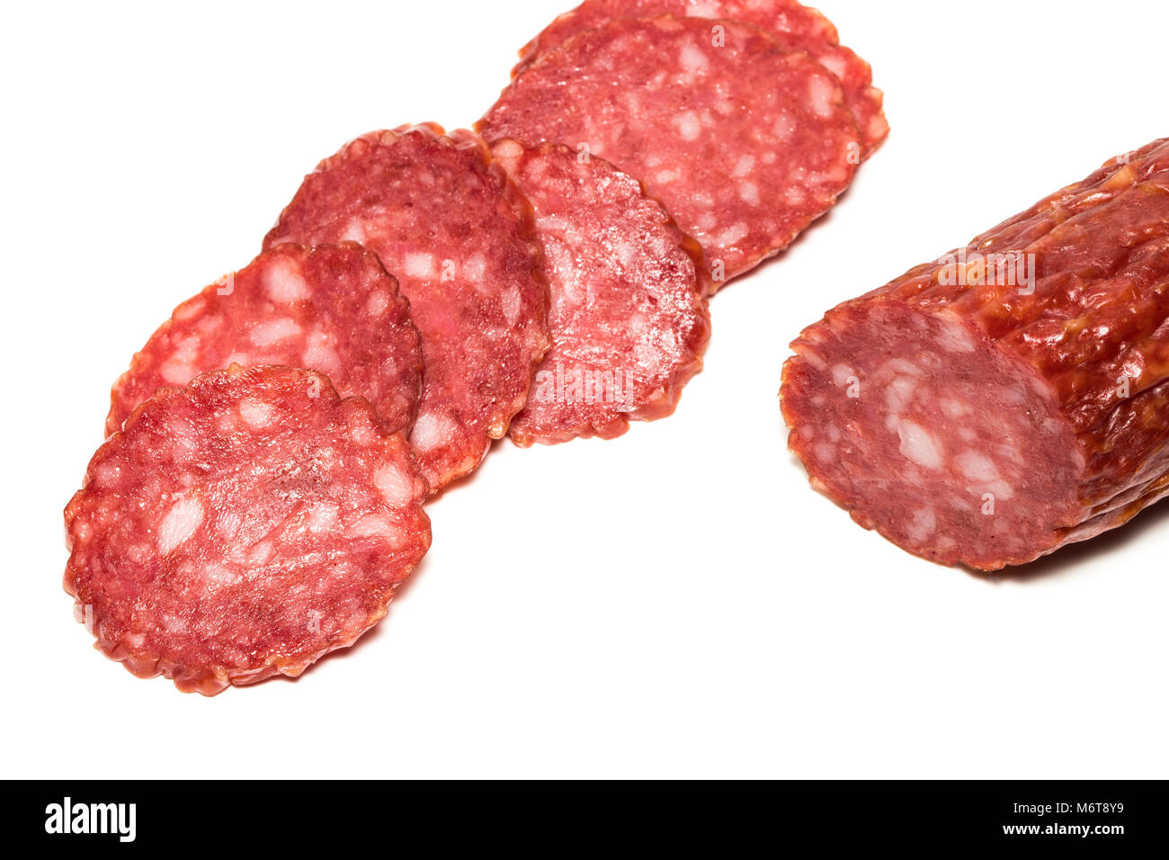 Salami smoked sausage isolated on white background cutout. Stock Photo