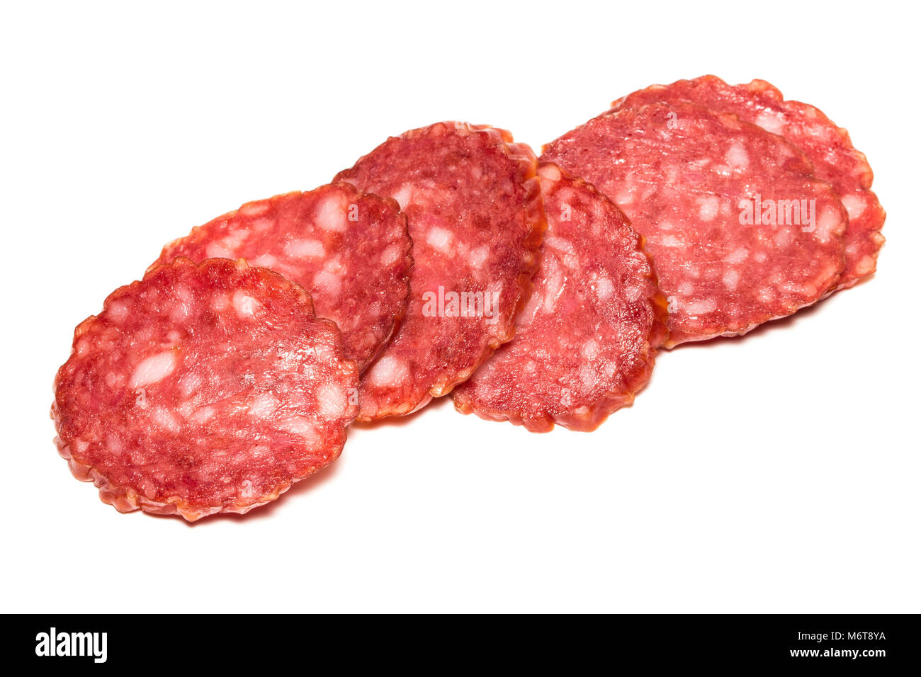 Salami smoked sausage isolated on white background cutout. Stock Photo